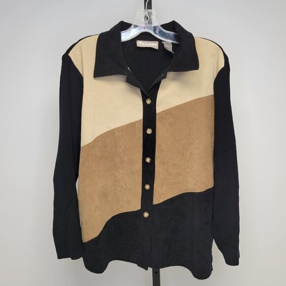 Tanjay Faux Suede Front Ribbed Button Up Western Top Size M - Picture 1 of 6